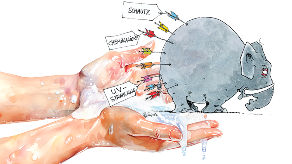 Karikatur eines missmutig blickenden Elefanten, in dessen Hinterteil mehrere Pfeile stecken. Einige tragen Beschriftungen wie "Schmutz", "Chemikalien" und "UV-Strahlung"