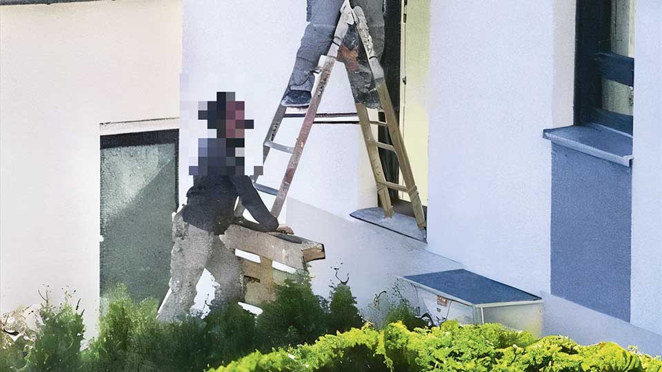 Foto zweier unkenntlich gemachter Arbeiter, die an einer Hauswand arbeiten. Einer der beiden steht auf einer Klappleiter, die mit einer Seite auf einer Fensterbank steht, mit der anderen auf einer hochkant aufgestellten Europalette, die der zweite Arbeiter stützt.