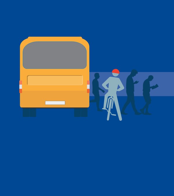 Illustration eines Radfahrers, neben ihm hält ein Bus und vor ihm steigen Menschen aus dem Bus.