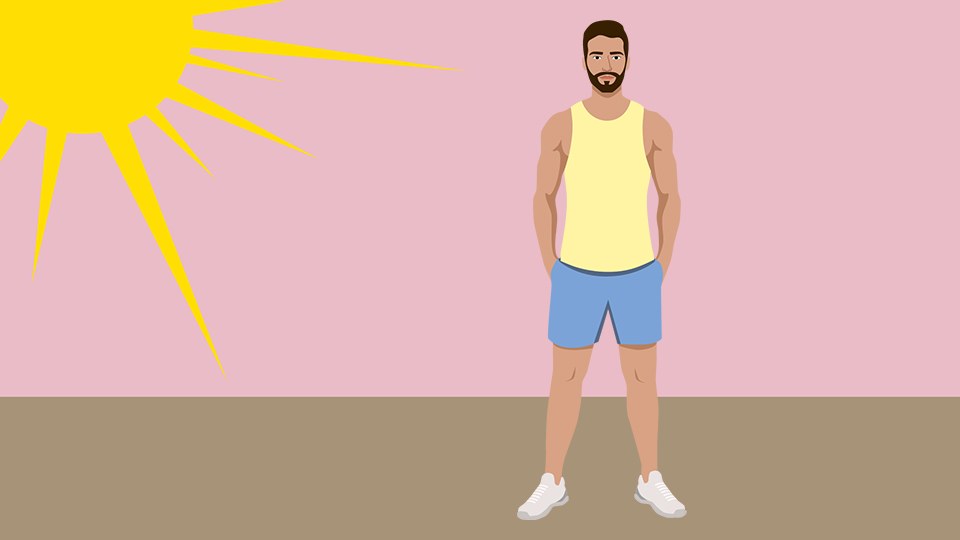 Illustration zeigt einen Mann in kurzer Hose, ärmelfreiem Shirt und Turnschuhen. 