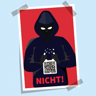 Plakat mit dem Text Scan mich ... nicht! und einer schwarz-gekleideten Gestalt, deren Gesicht im Schatten des Kapuzenpullovers liegt; man sieht nur die leuchtend weißen Augen. Die Gestalt hält einen QR-Code vor der Brust.
