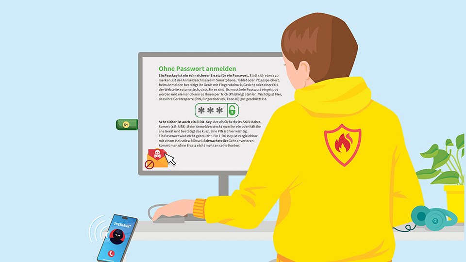 Illustration: Eine Frau sitzt an ihrem Computer, an dessen Seite ein USB-Stick eingeschoben ist. Auf dem Monitor ist Text zum Einsatz eines Passkeys zu lesen ist. Die Frau trägt einen gelben Kapuzenpullover, auf dessen Rückseite ein roter Schild mit Flammen darin aufgedruckt ist. Neben ihr auf dem Tisch liegt ein Kopfhörer.