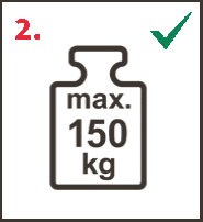 Umriss eines alten Waagengewichts, darauf die Beschriftung „max. 150 kg“. Daneben ein grünes Häkchen.