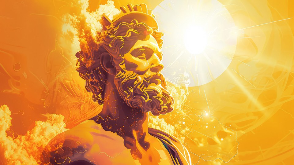 Beeindruckendes Motiv des von Flammen umzüngelten griechischen Sonnengotts Helios