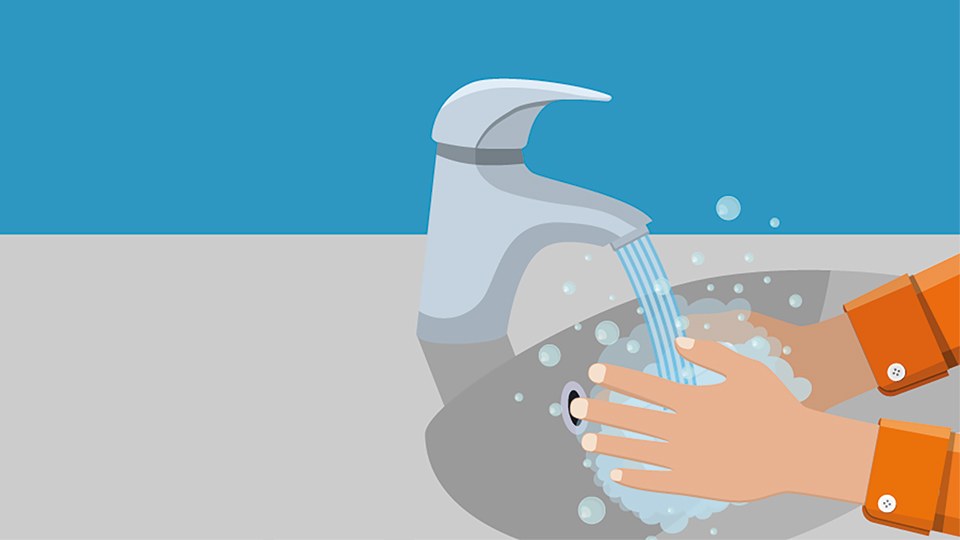 Illustration einer Person, von der nur die Hände und Unterarme zu sehen sind; sie wäscht sich an einem Waschbecken die Hände, es schäumt.