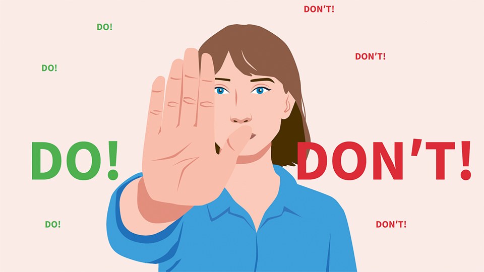 Illustration: Eine Frau signalisiert Stop, um sie herum mehrfach der Schriftzug Dos in grün und Don'ts in rot