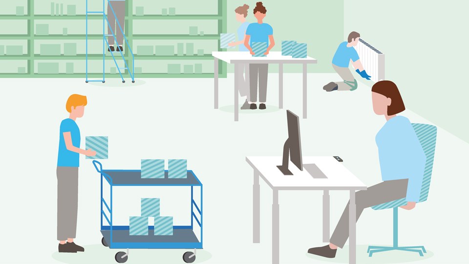 Illustrationen mit sechs verschiedenen Szenen und Personen, die Tätigkeiten so ausüben, dass ihr Rücken nicht in Mitleidenschaft gezogen wird: Heben schwerer Lasten, Schieben von Rollwagen, Wechseln der Haltung am Schreibtisch, Arbeit auf optimaler Höhe