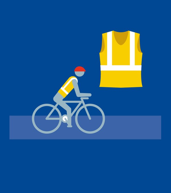 Illustration eines Radfahrers, daneben eine große leuchtende Warnweste.