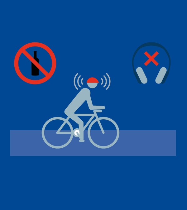 Illustration eines Radfahrers der Musik hört, daneben Verbotsschilder für Alkohol und Kopfhörer.